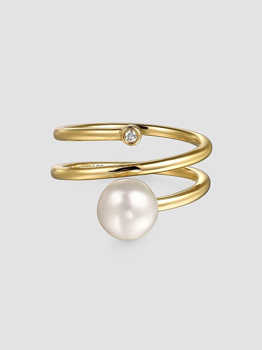 Gabriel & Co Women's Contemporary 14K Yellow Gold, Freshwater Pearl & 0.02 TCW Diamond Wrap Ring - Yellow Gold - Size 8