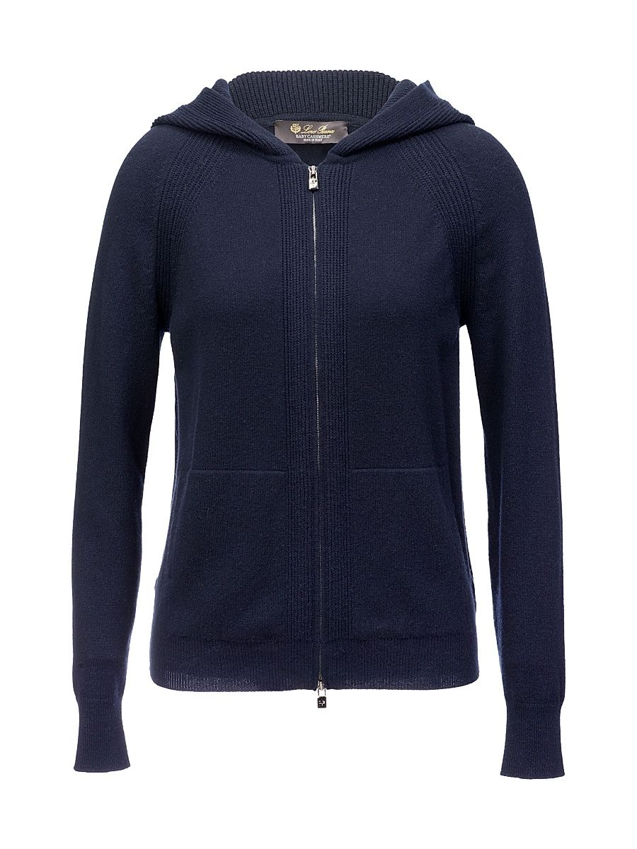 Women's Hooded Cashmere Knit Zip Sweater - Blue Navy - Size 8