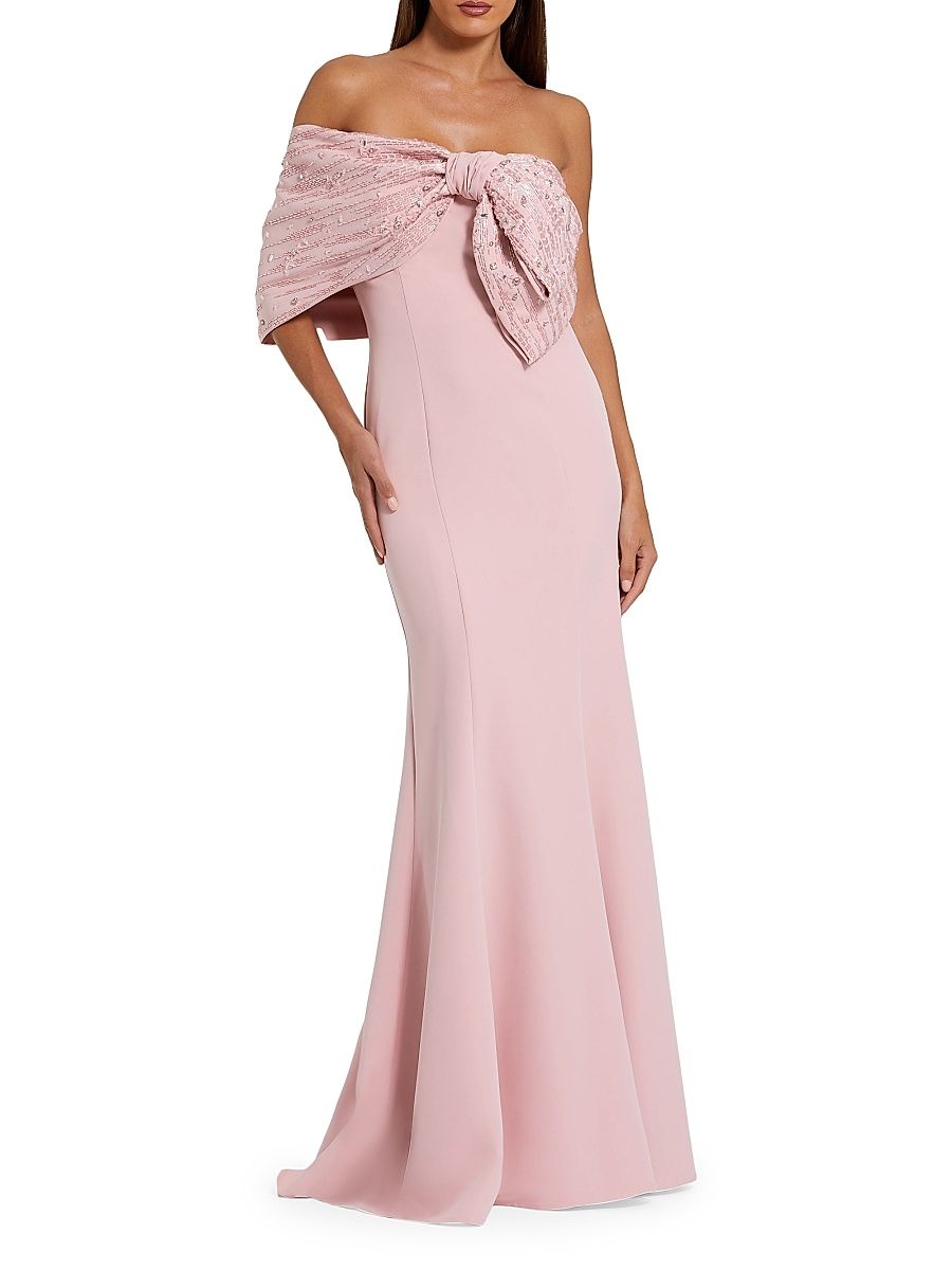 Women's Evening Beaded Off-The-Shoulder Bow Satin Mermaid Gown - Blush - Size 14