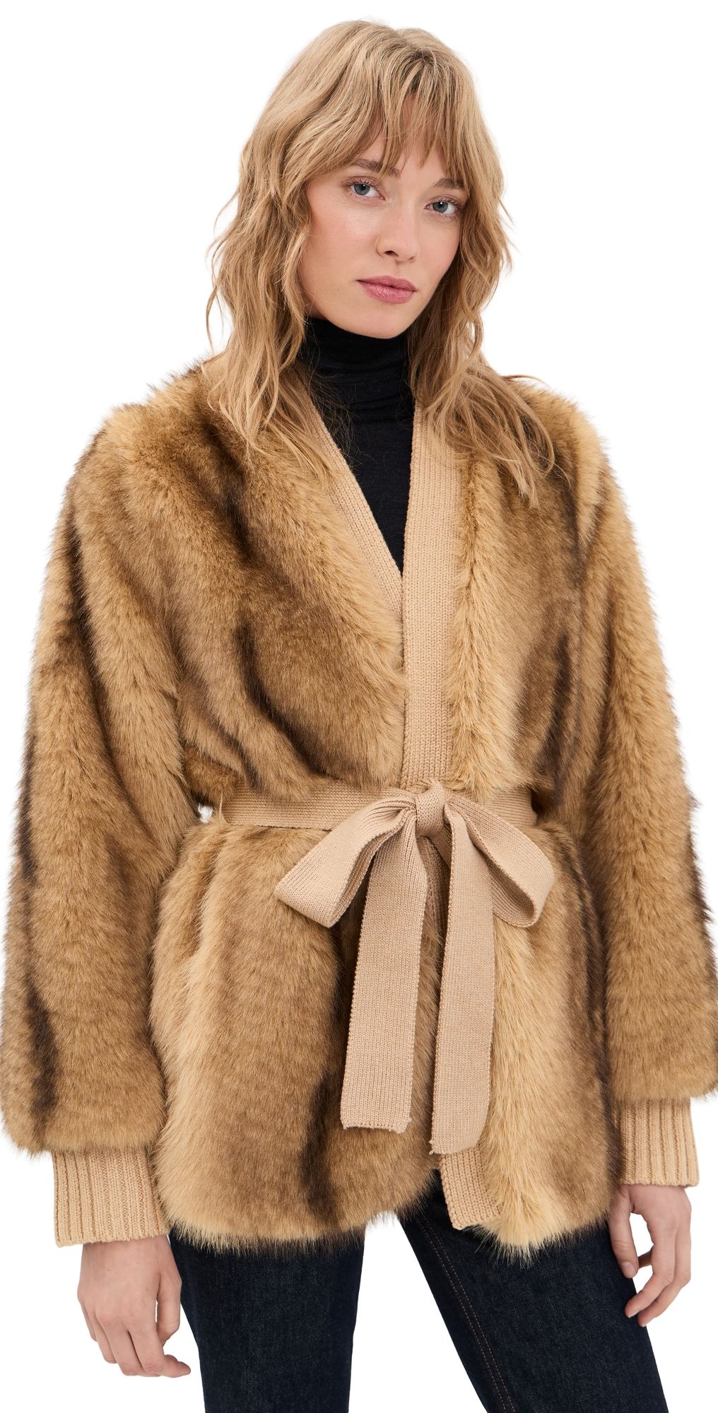 Generation Love Heloise Faux Fur Belted Wrap Jacket Toasted Brown S