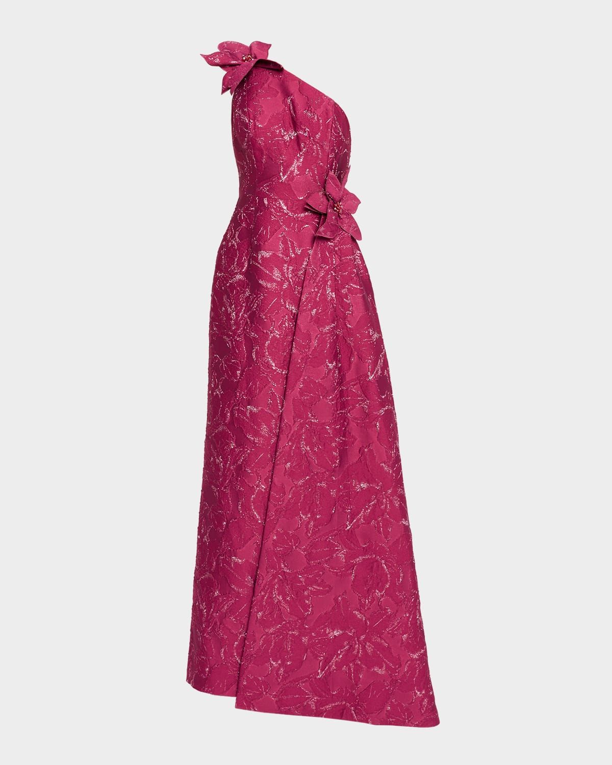 Draped One-Shoulder Floral Jacquard Gown