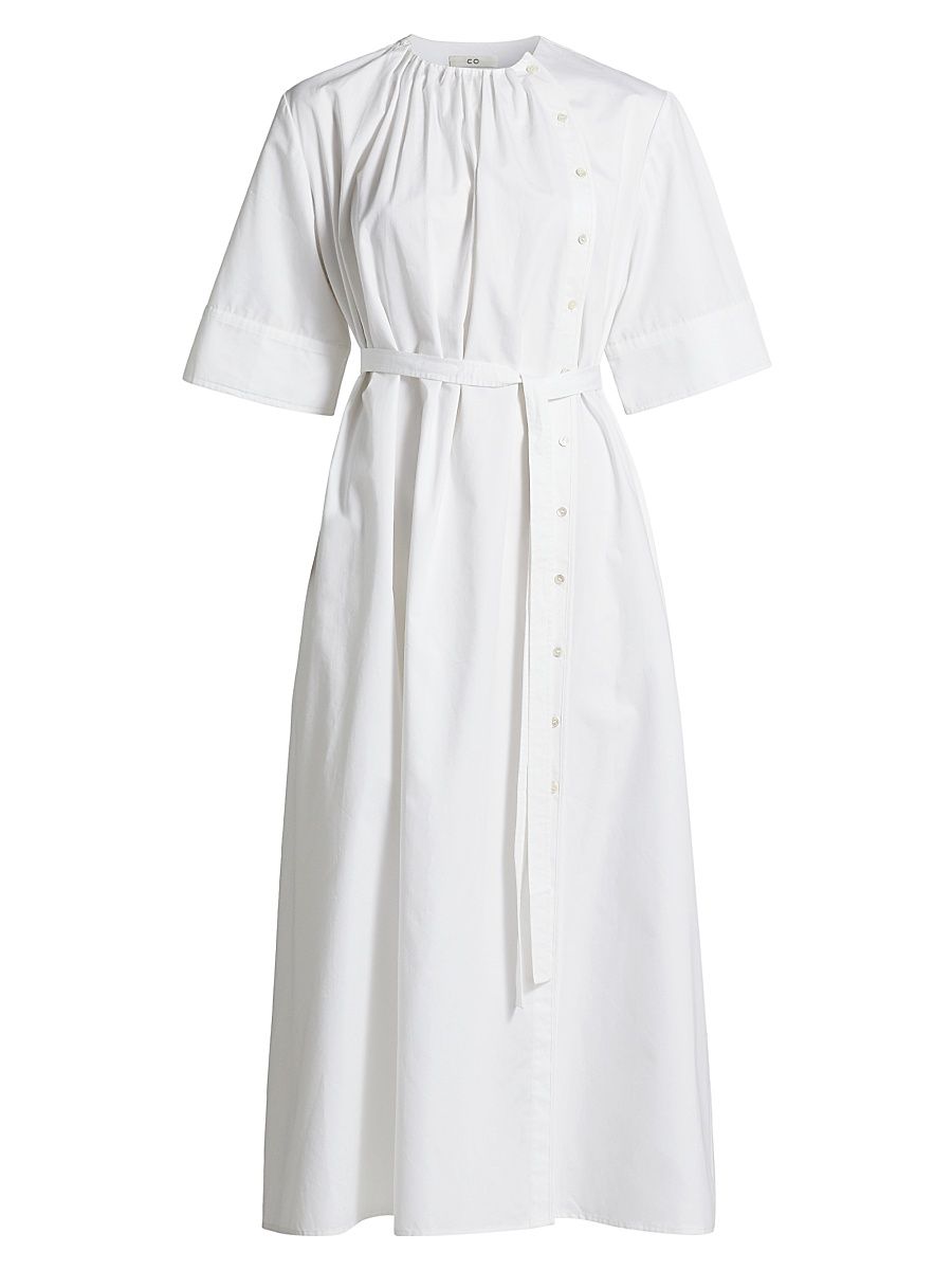 Women's Gathered Belted Cotton Midi-Dress - Optic White - Size Large