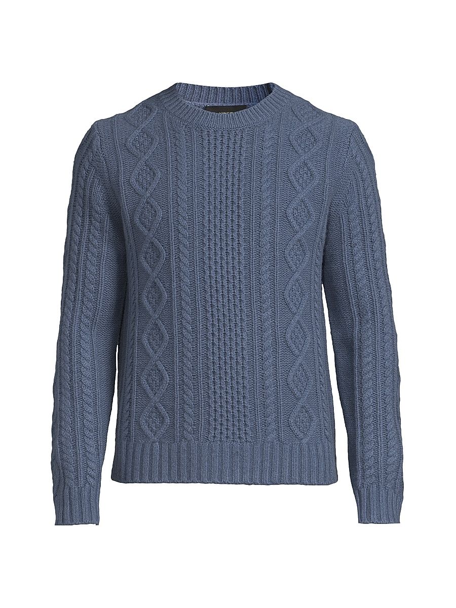 Men's Aran Cableknit Wool Sweater - Light Belluga Blue - Size Medium