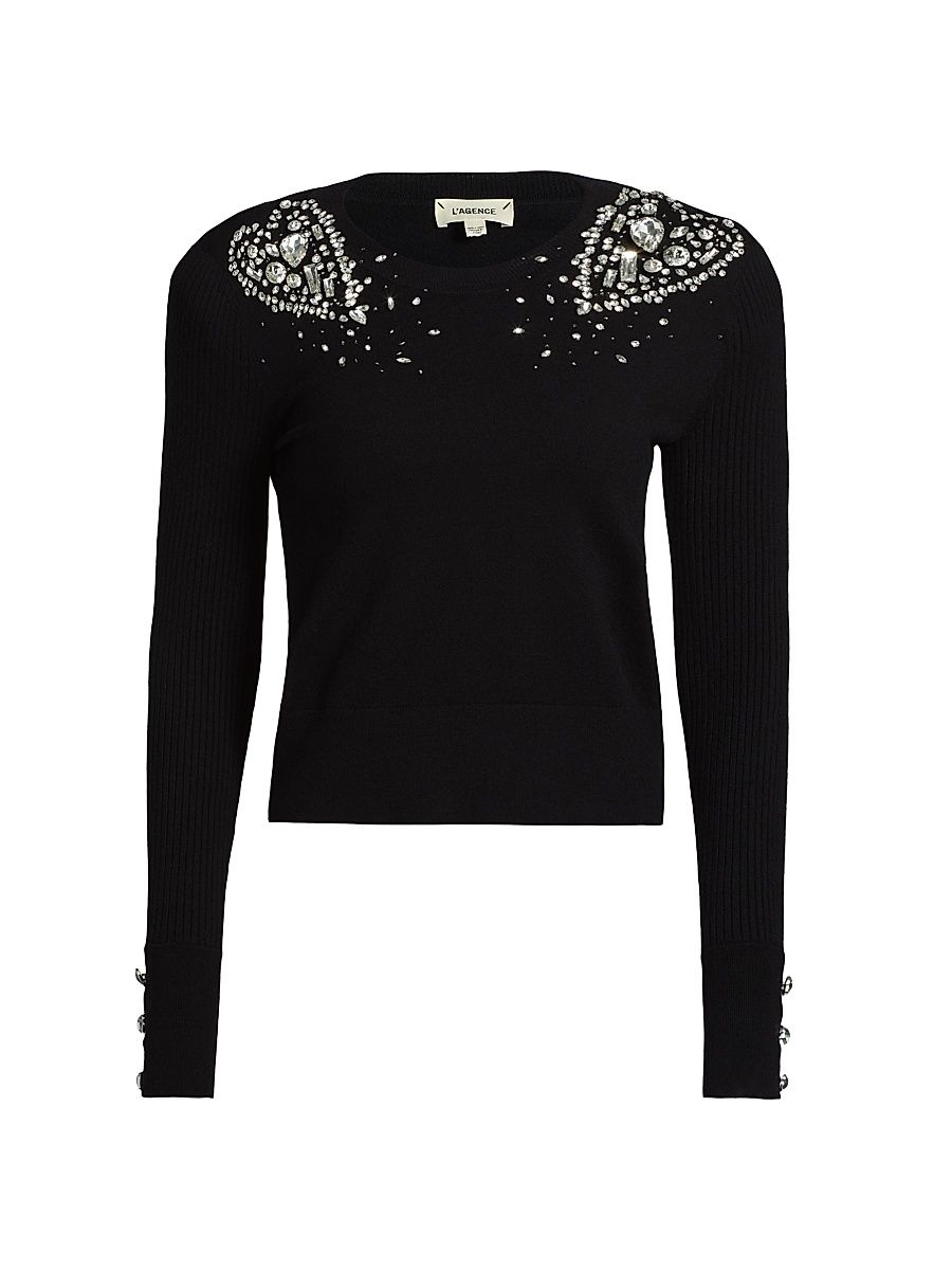 Women's Cesca Crystal Knit Crewneck Sweater - Black Crystal - Size Medium