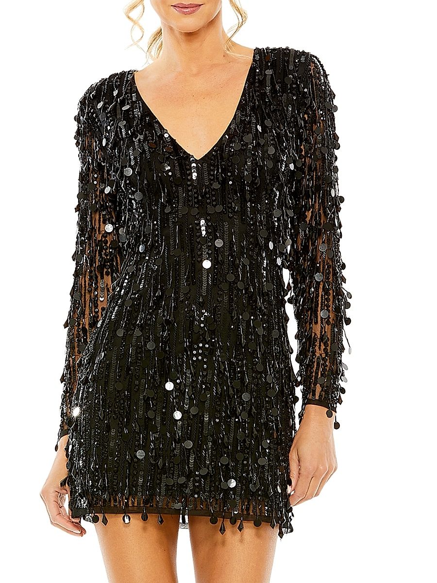 Women's Long-Sleeve Beaded Fringe Minidress - Black - Size 12