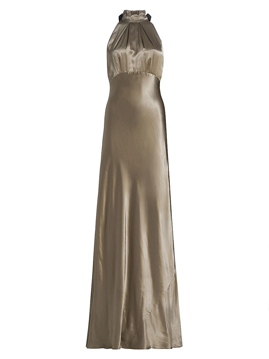 Women's Michelle Satin Halterneck Dress - Palladium Gold Black - Size 10