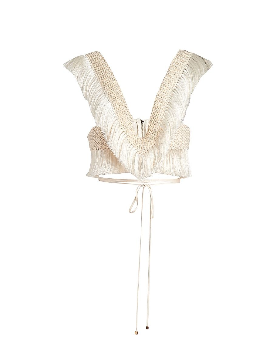 Women's Samba Fringe Crop Top - Off White - Size 8