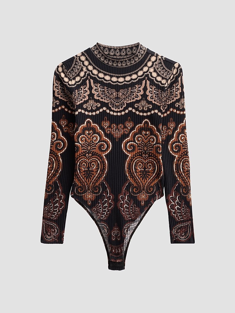 Women's Nicole Paisley Ribbed-Jersey Bodysuit - Black - Size Medium