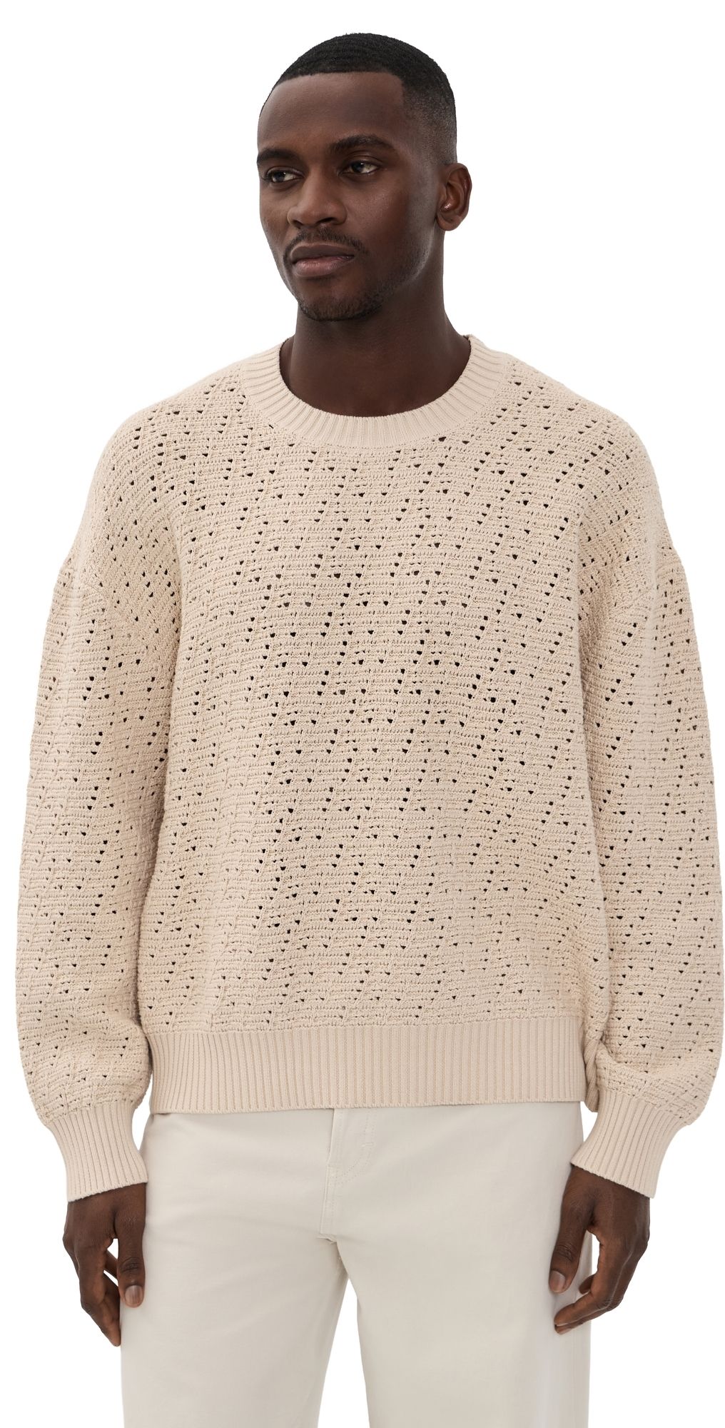 FRAME Long Sleeve Crochet Sweater Light Stone M