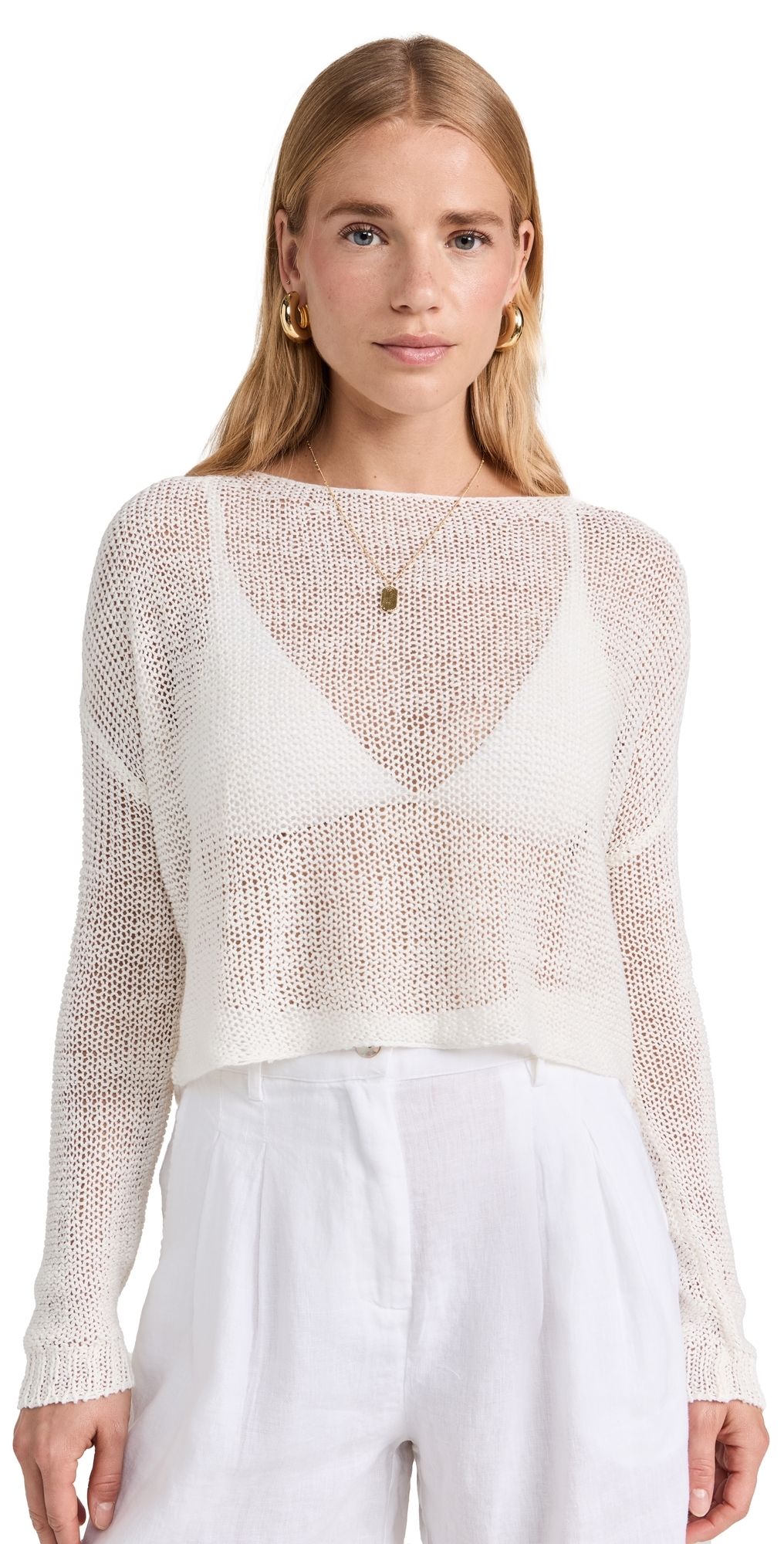 Enza Costa Linen Open Knit Bateau Sweater White S