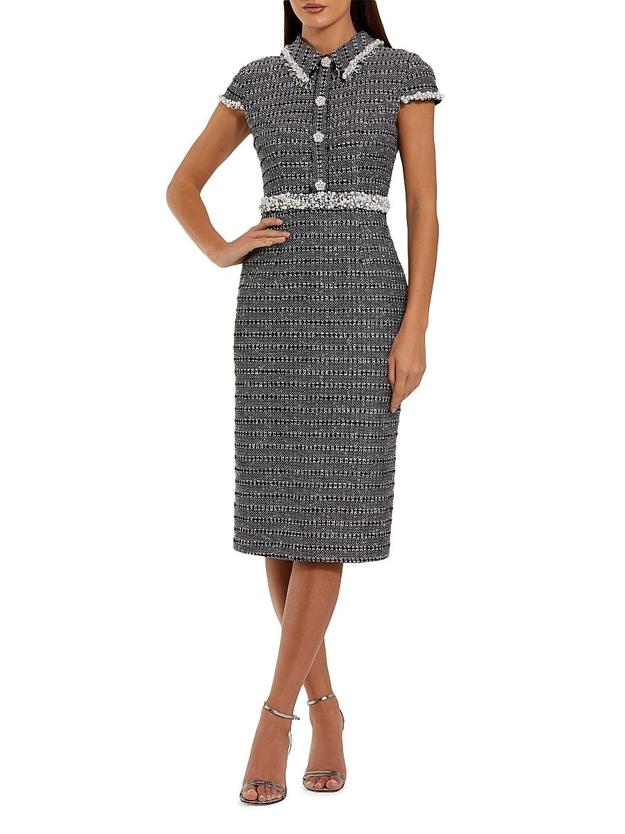 Women's Bouclé Collared Midi-Dress - Black White - Size 16