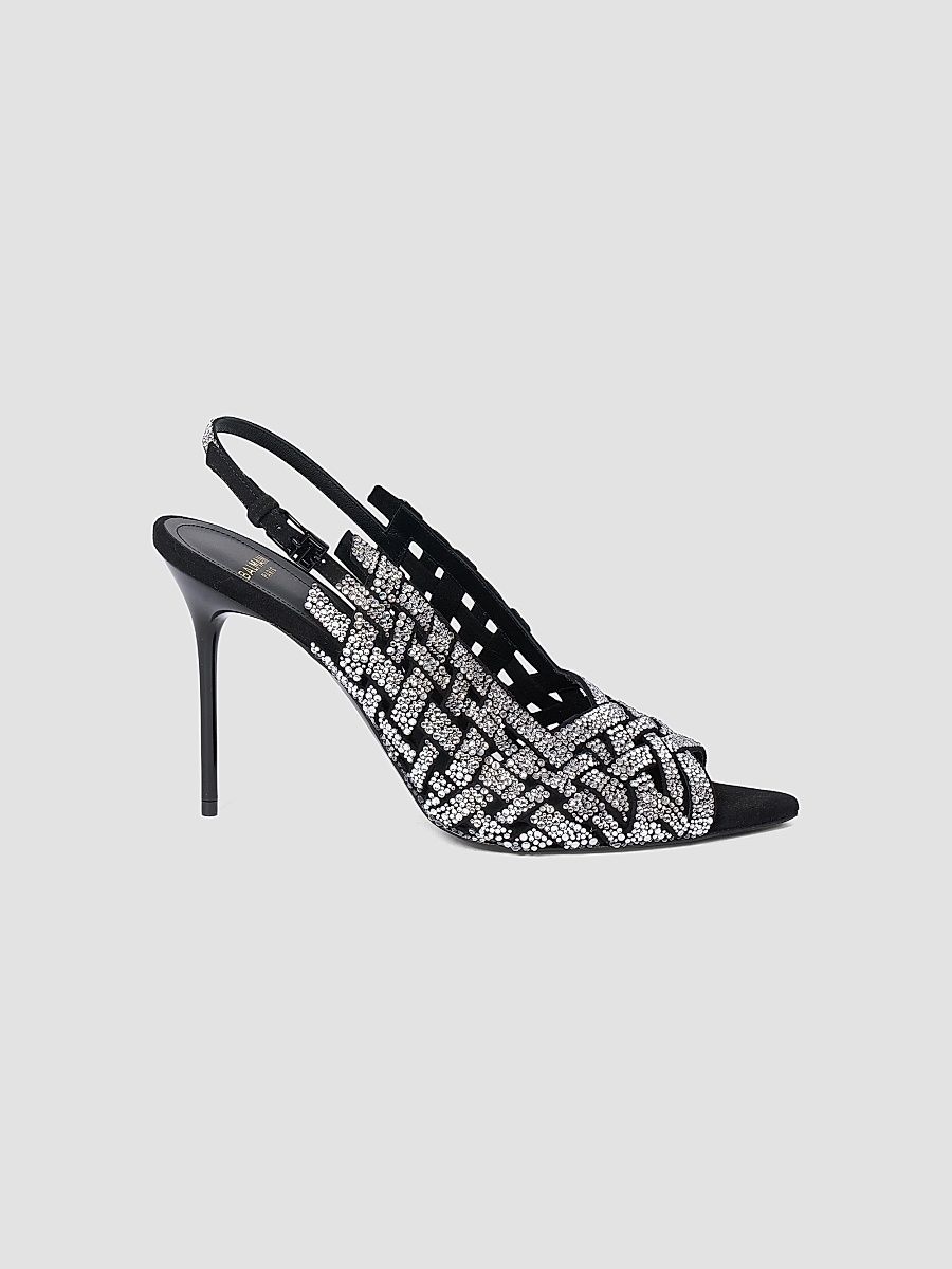 Balmain Women's Fringe 95MM Embellished Slingback Peep Toe Pumps - Noir Crystal - Size 8.5