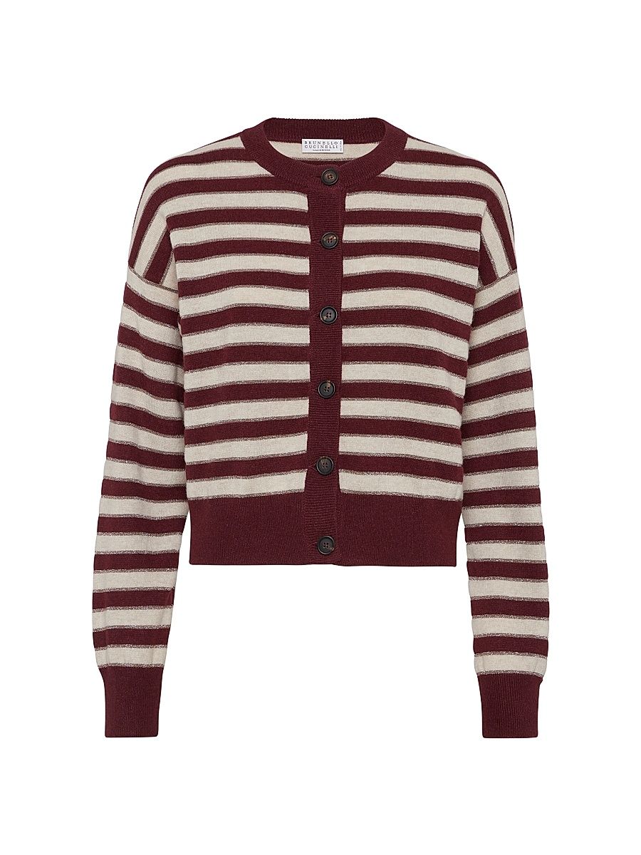 Women's Cashmere Cardigan with Sparkling Stripes - Amaranth Red - Size XXXL
