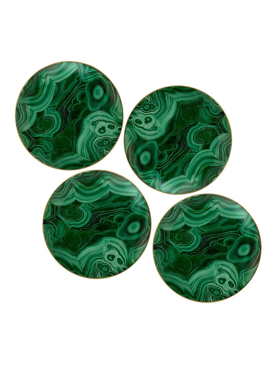4-Piece Malachite 24K Gold-Trimmed Porcelain Dessert Plates