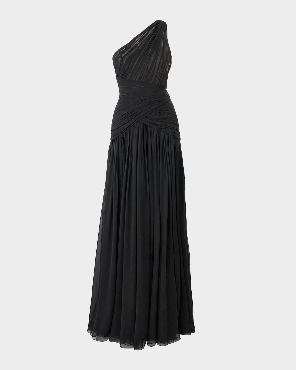 Gathered Silk One-Shoulder Slit Gown