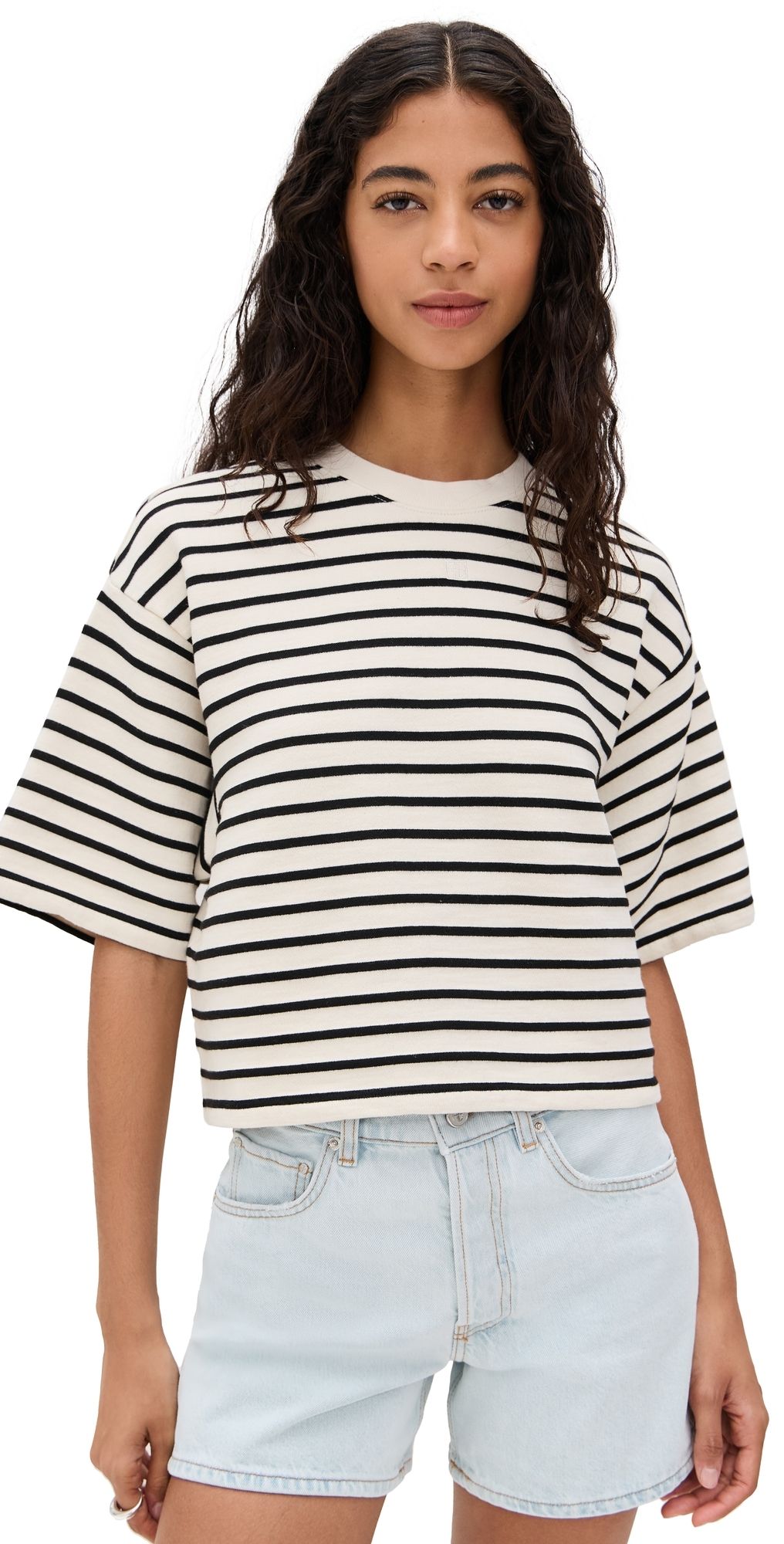 ANINE BING Myers Cropped Tee Black Stripe French Terry L