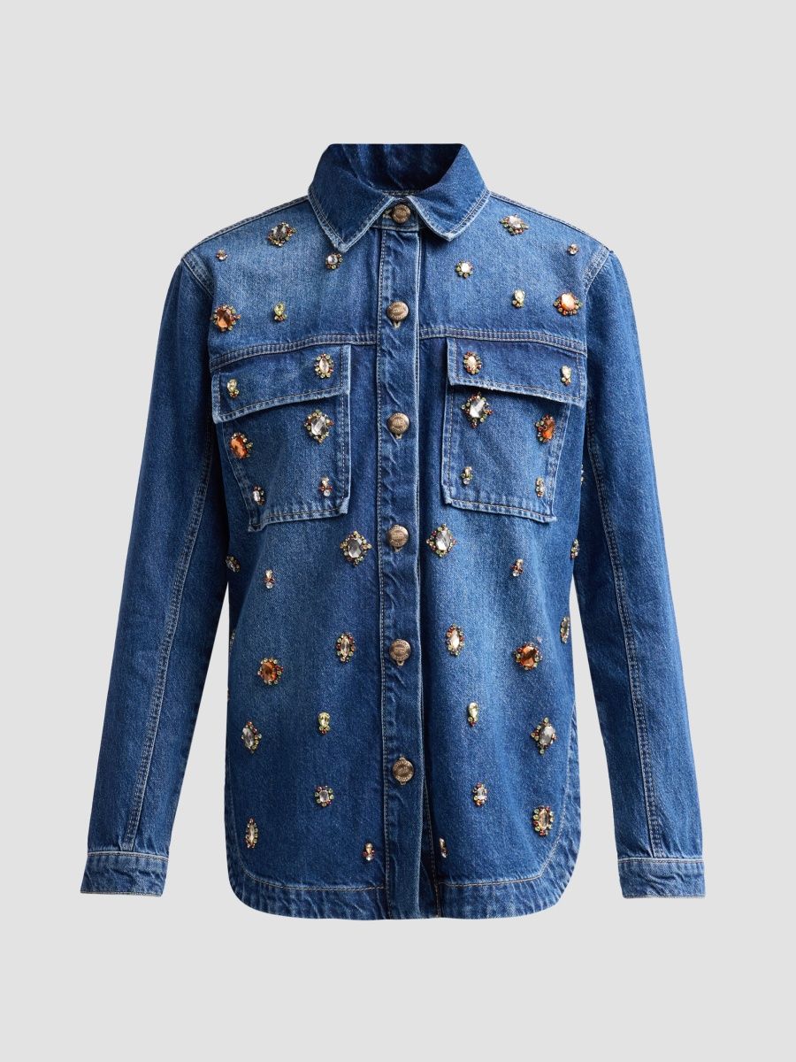 Farm Rio Women's Embellished Denim Shirt - Blue - Size Large