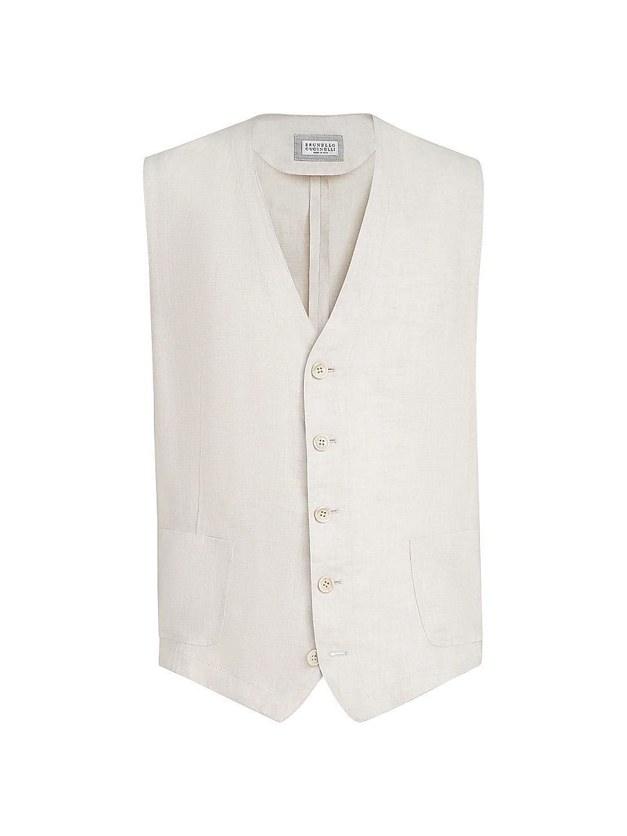 Brunello Cucinelli Men's Linen Micro Chevron Waistcoat - Shell - Size 34
