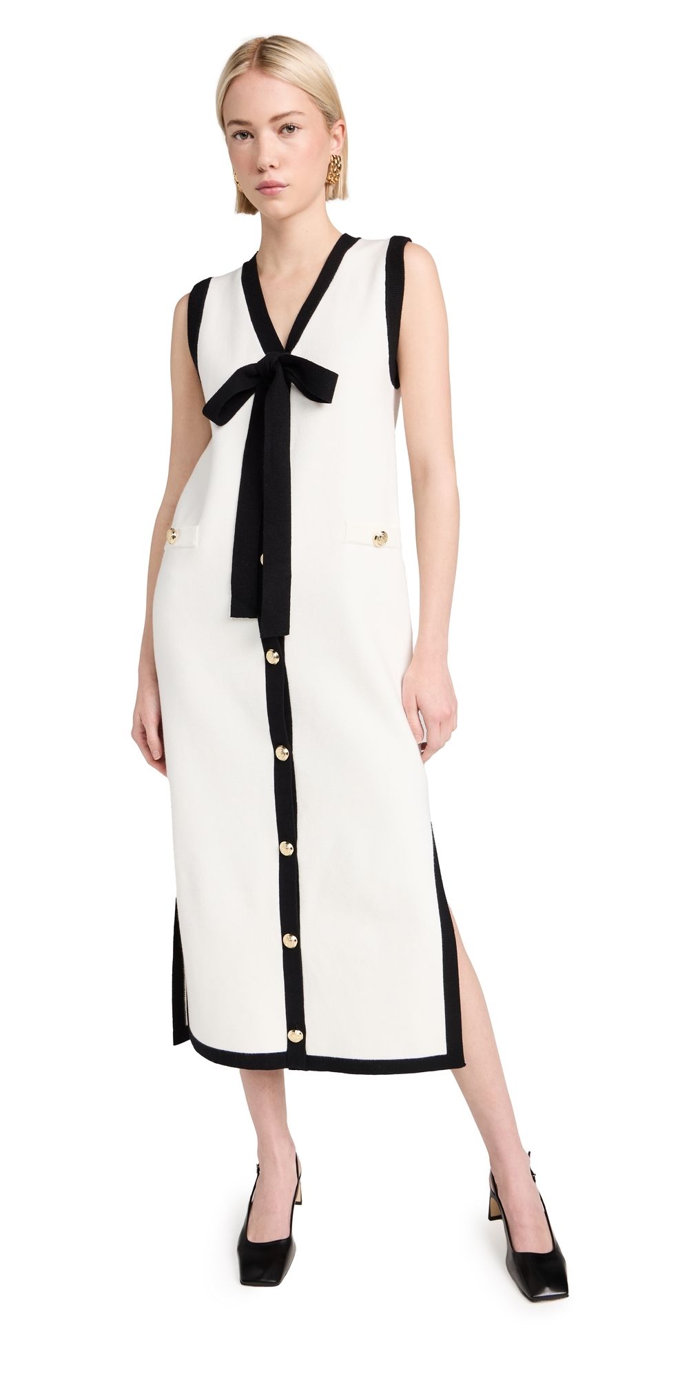 English Factory Knit Midi Dress With Ribbon Tie Cream/Black M