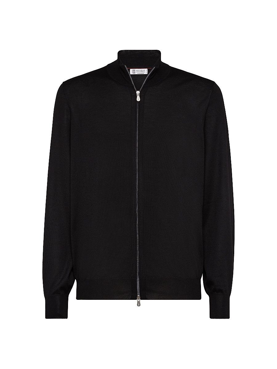 Men's Cashmere and Silk Lightweight Cardigan with Zipper - Black - Size 38