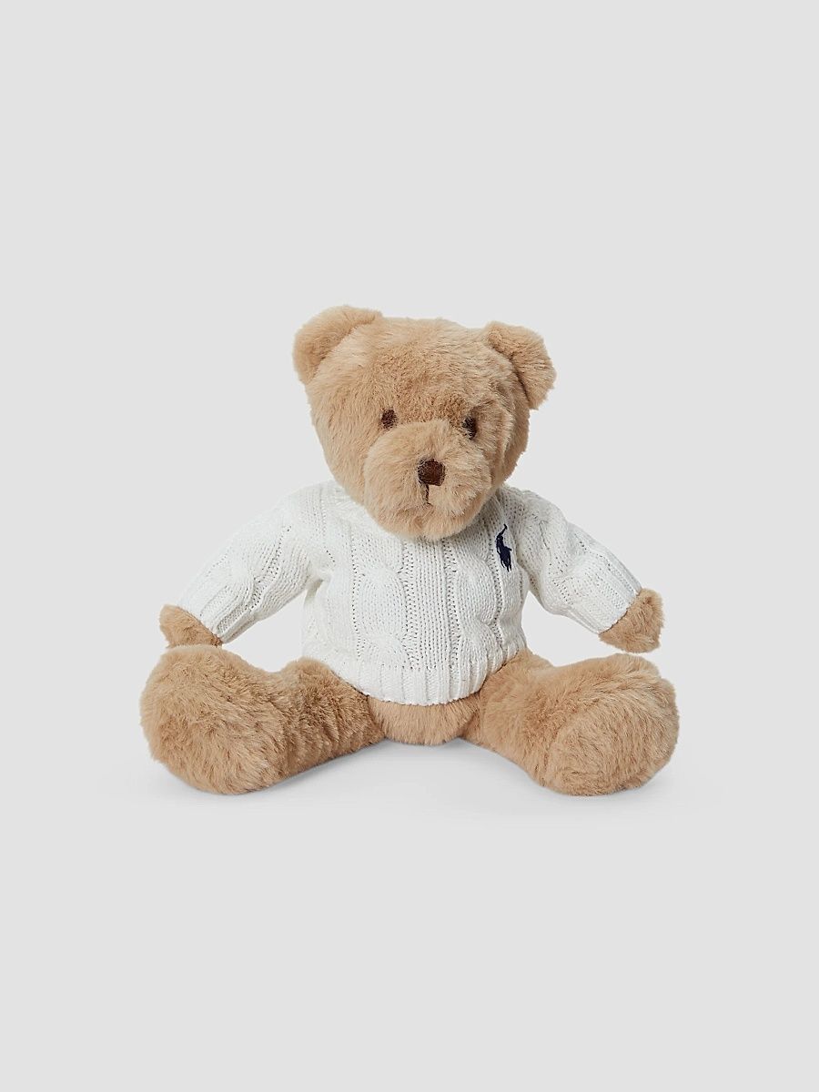 Baby's Teddy Bear In Cable-Knit Cotton Sweater - Trophy Cream