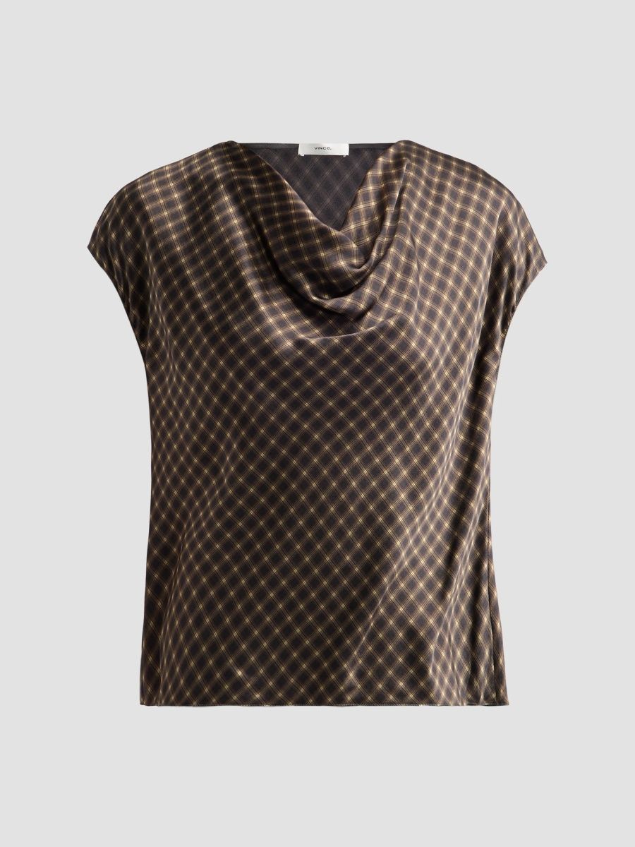 Vince Women's Ombré Plaid Cowlneck Blouse - Black Camel - Size XS