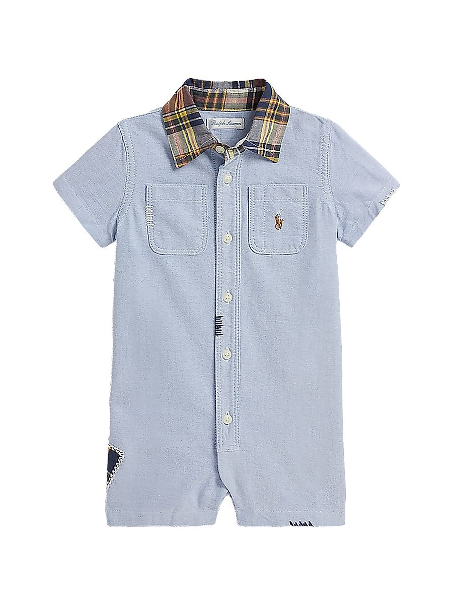Baby Boy's Chambray Plaid-Trimmed Shortalls - Blue - Size 9 Months