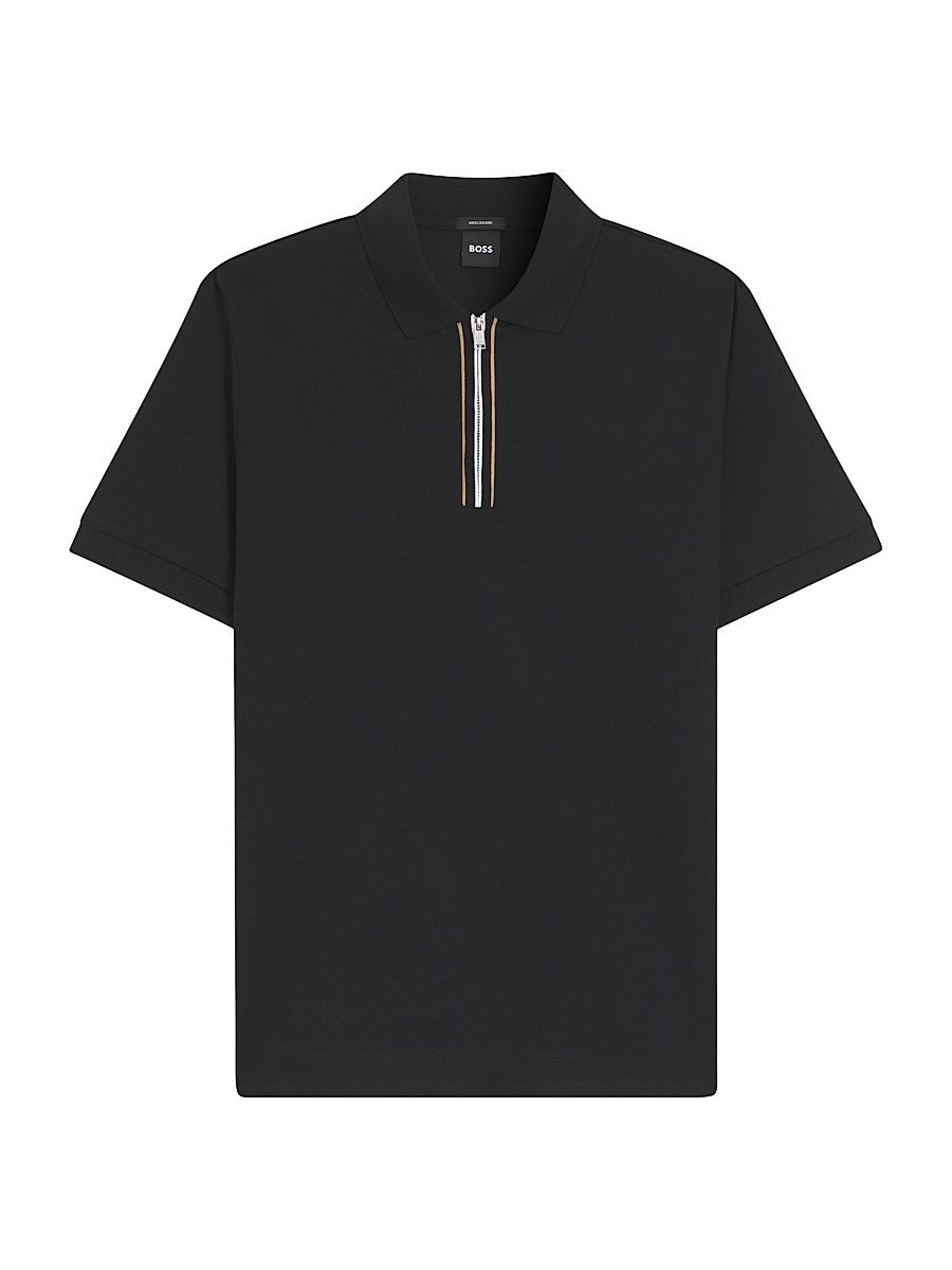 Men's Zip-Placket Cotton Polo Shirt - Black - Size Medium