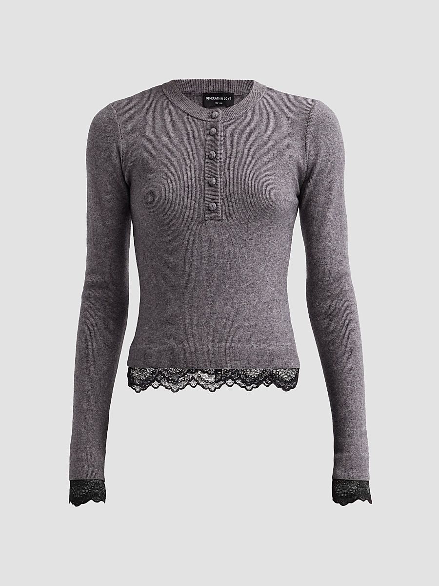Women's Olivia Lace-Trim Henley Sweater - Heather Charcoal Black - Size XL
