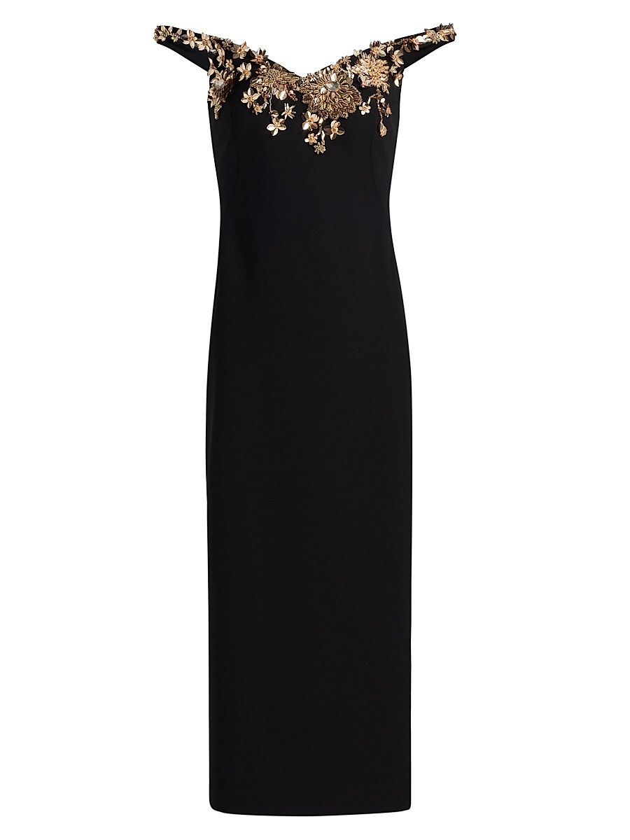 Women's Floral-Embellished Crepe Cocktail Dress - Black Gold - Size 8