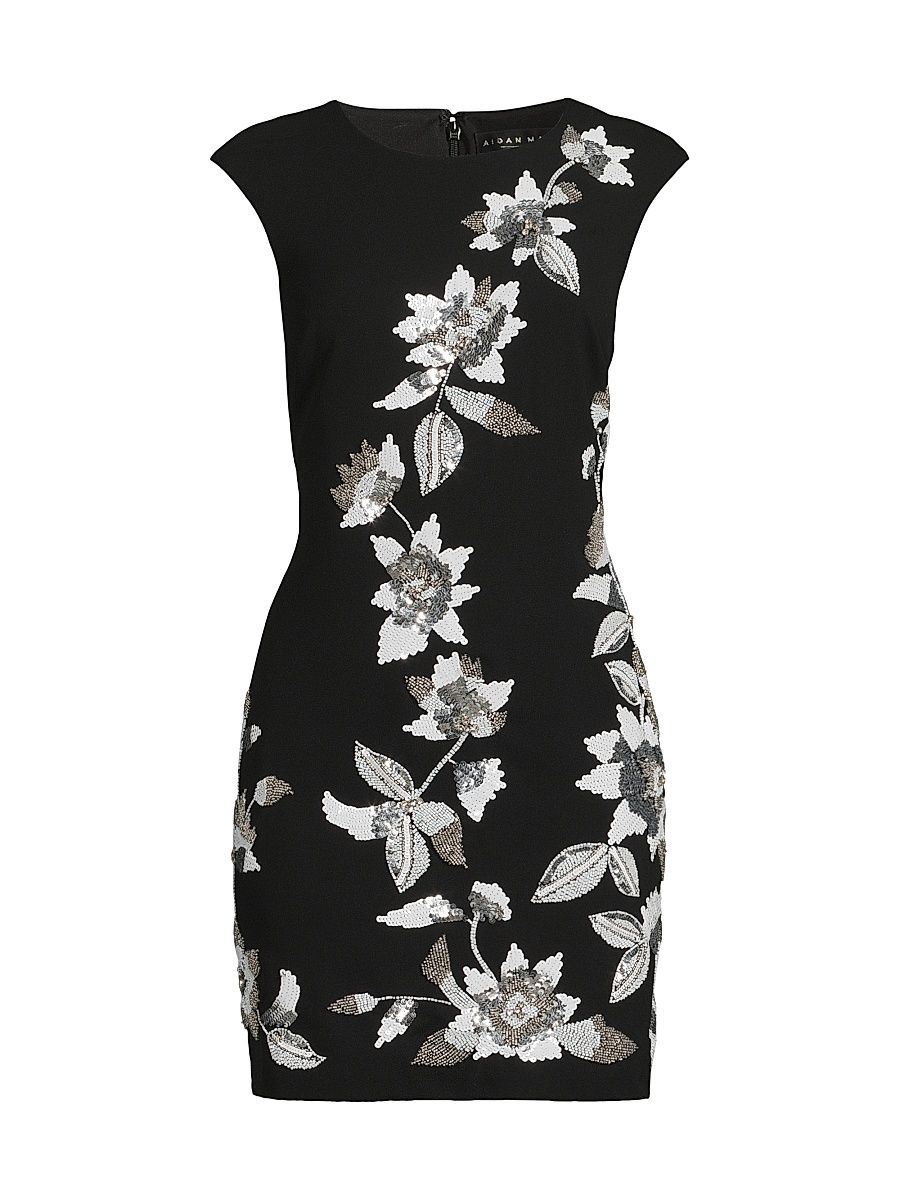 Women's Floral Beaded Crepe Minidress - Black Ivory - Size 10