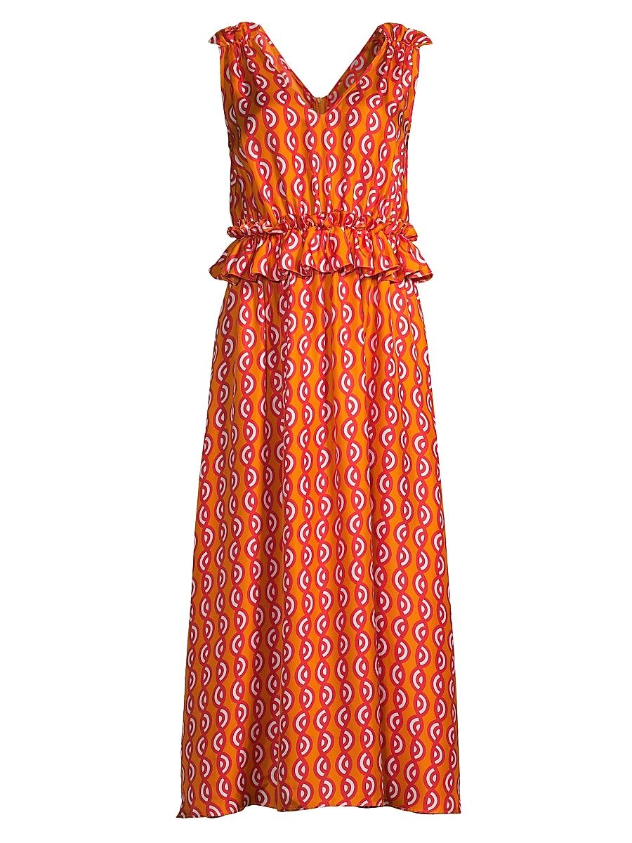 Women's Mimi Geometric Ruffle Midi-Dress - Red Orange Multi - Size 12