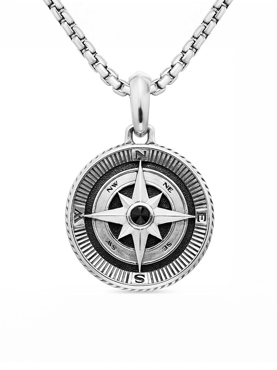 Men's Maritime Compass Amulet in Sterling Silver with Center Black Diamond, 26.8mm - Black Diamond