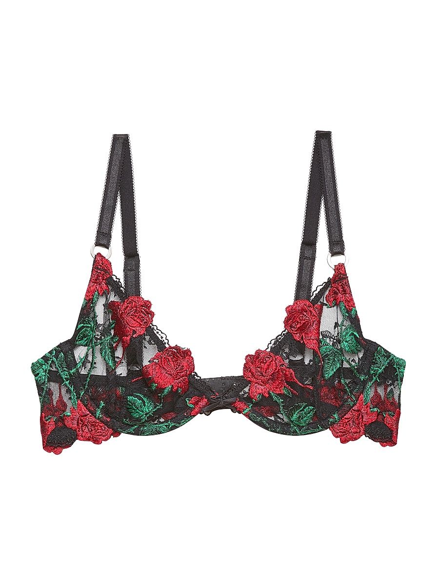 Women's Bleeding Rose Embroidered Stretch-Silk Demi Bra - Black - Size 36B