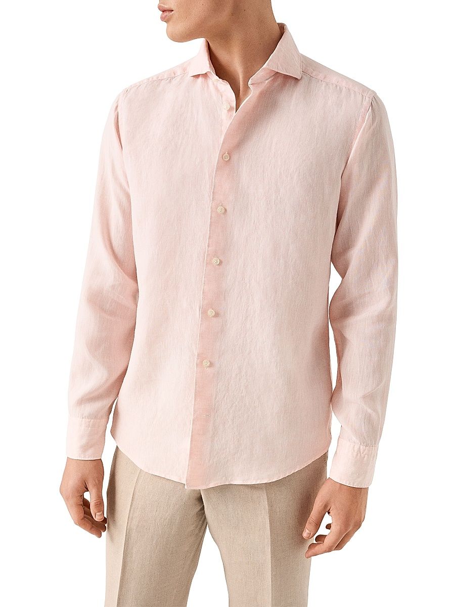 Men's Slim-Fit Solid Linen Shirt - Pink - Size 17