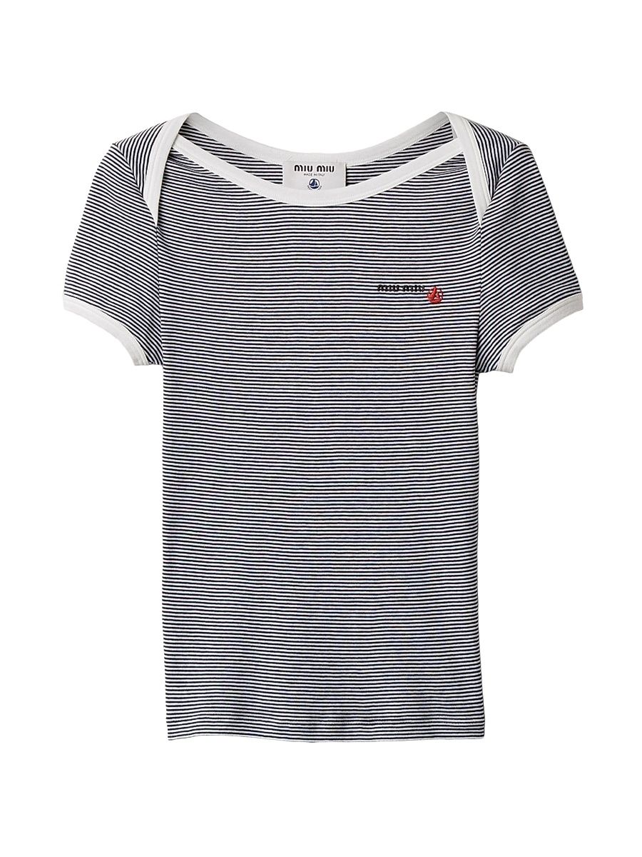 Women's Petit Bateau x Miu Miu Ribbed Jersey T-Shirt - White Multi - Size Large