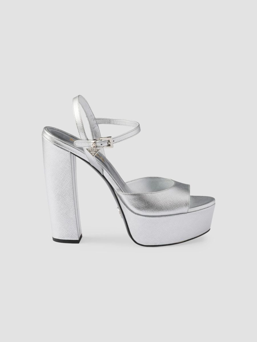 Prada Women's Patent Saffiano Leather Platform Sandals - Silver - Size 7
