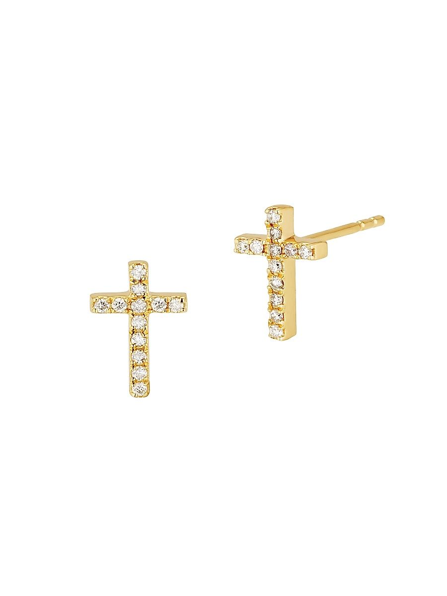Women's 14K Yellow Gold Faith Diamond Cross Studs - Gold Diamonds