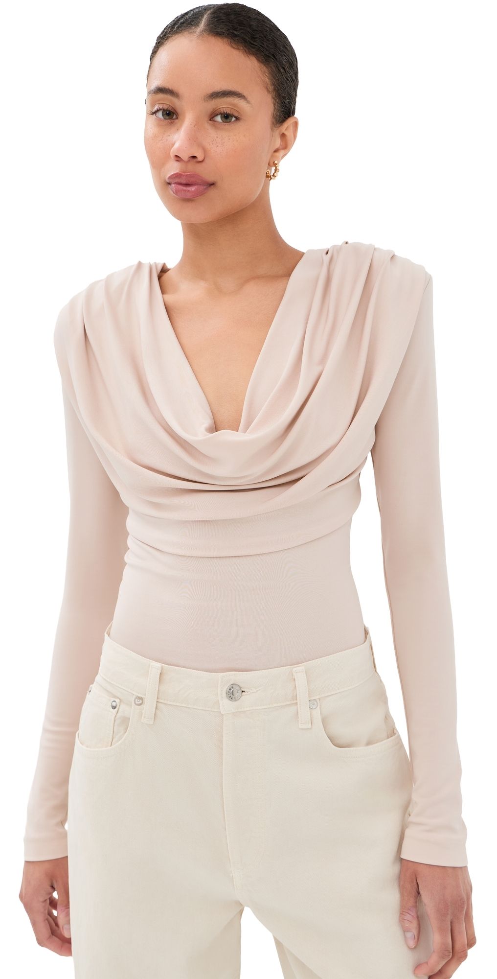 WARDROBE. NYC Matte Draped Top Greige M