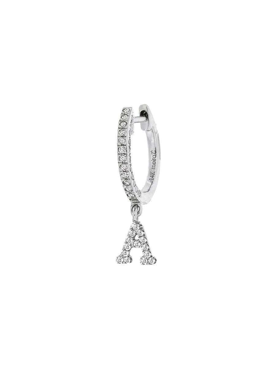 Women's 14K White Gold Diamond Intial Single Huggie Hoop Earring - Initial C