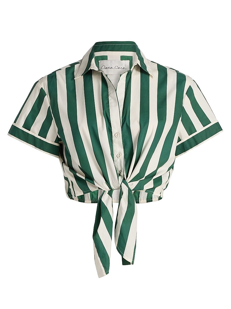 Women's Asbury Striped Cotton Tie-Front Crop Top - Green White Stripe - Size XL
