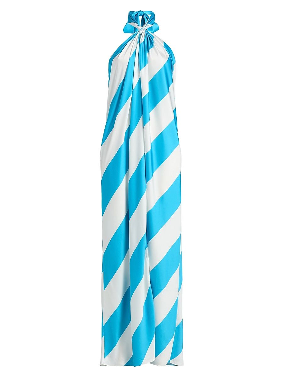 Women's Chantell Striped Satin Halterneck Maxi Dress - Turquoise Ivory - Size Large
