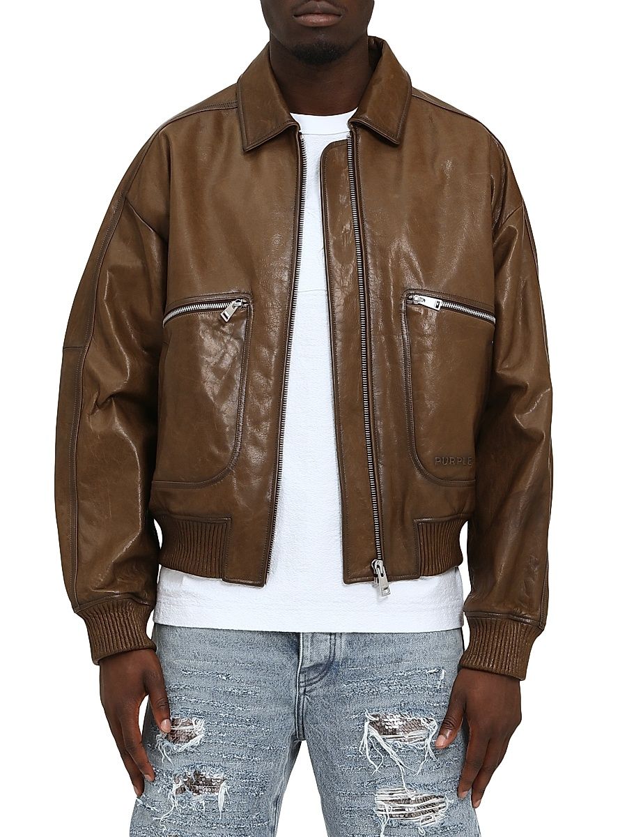 Men's Distressed Leather Bomber Jacket - Brown - Size XL