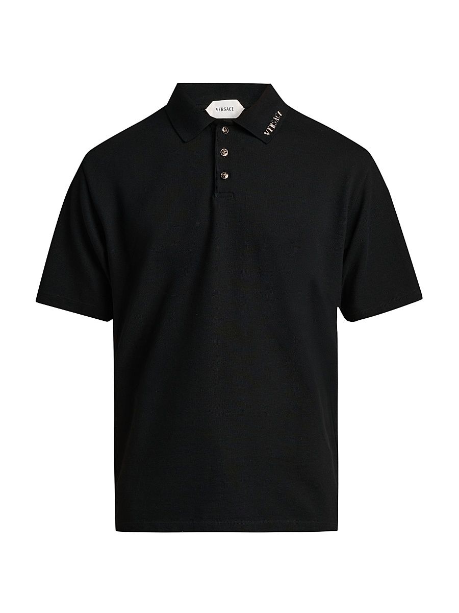 Men's Piquet Medusa Buttons Cotton Polo Shirt - Black - Size XS