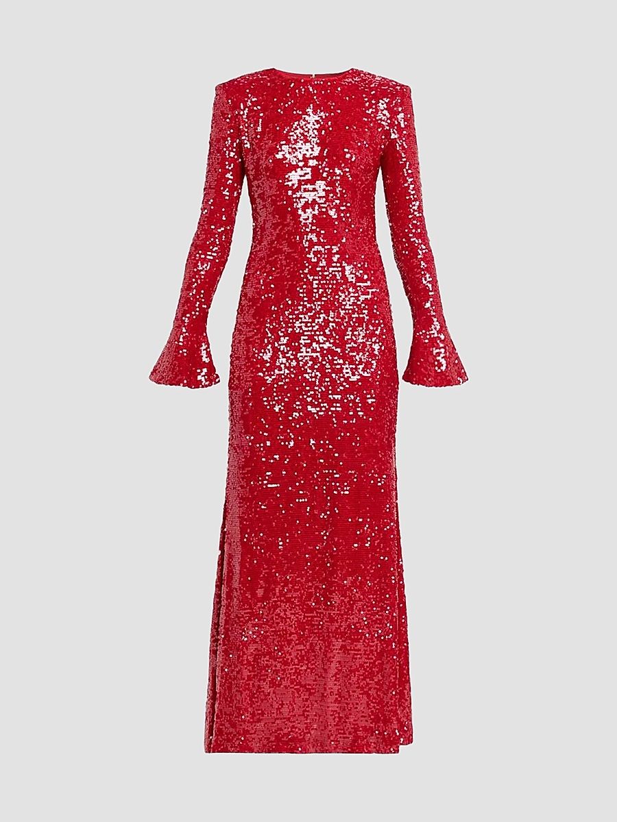 Women's Sequined Flare Sleeve A-Line Gown - Red - Size 6