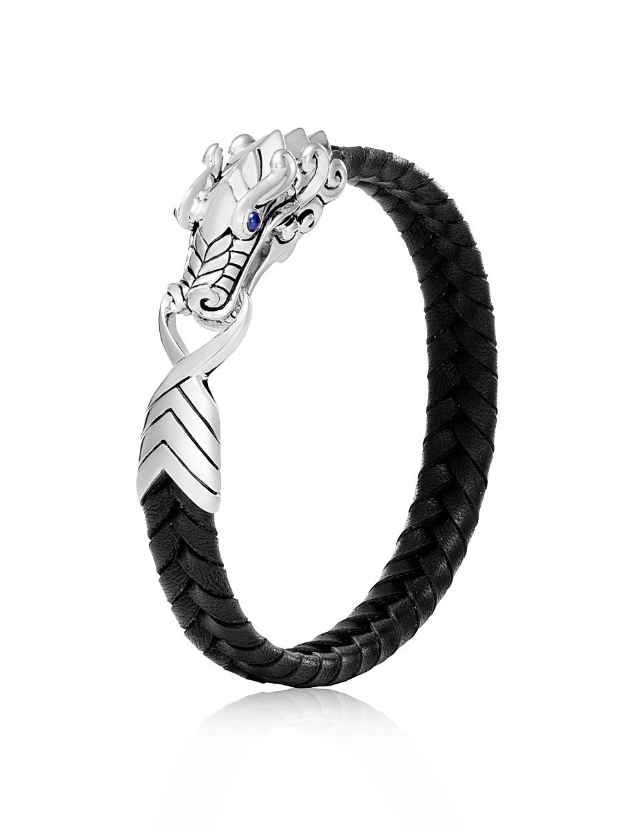 Men's Sterling Silver Leather Legends Bracelet - Black Grey - Size XL
