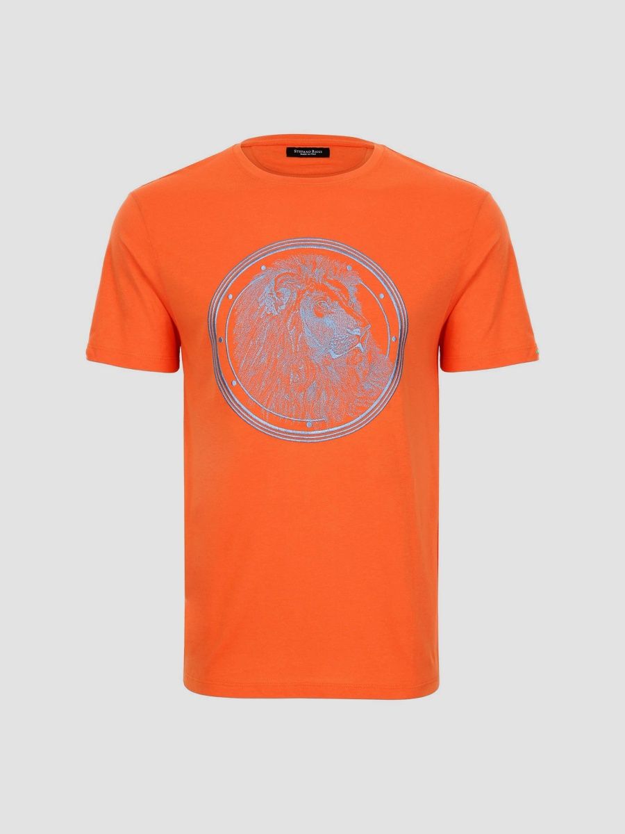 Stefano Ricci Men's Cotton-Modal Lion Head Embroidered T-Shirt - Pumpkin Cielo - Size XXXXL