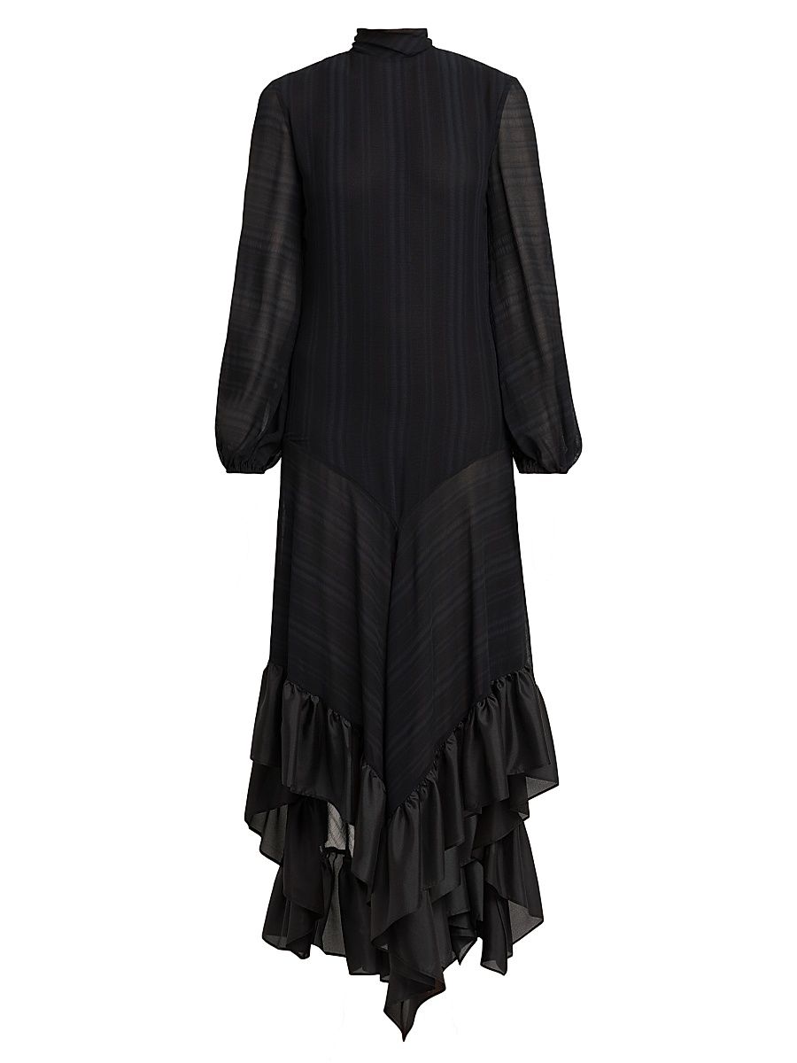 Women's Ruffled Silk Tie-Back Maxi Dress - Black - Size 12