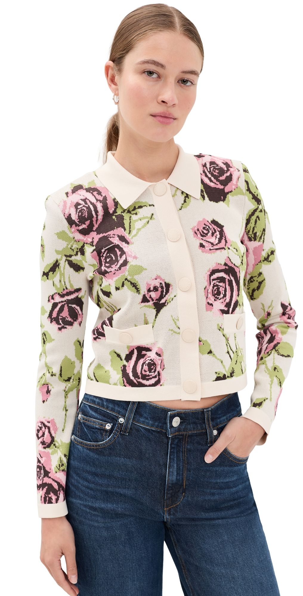 L'AGENCE Osiris Jacquard Collared Cardigan Ecru/Romantic Rose XL