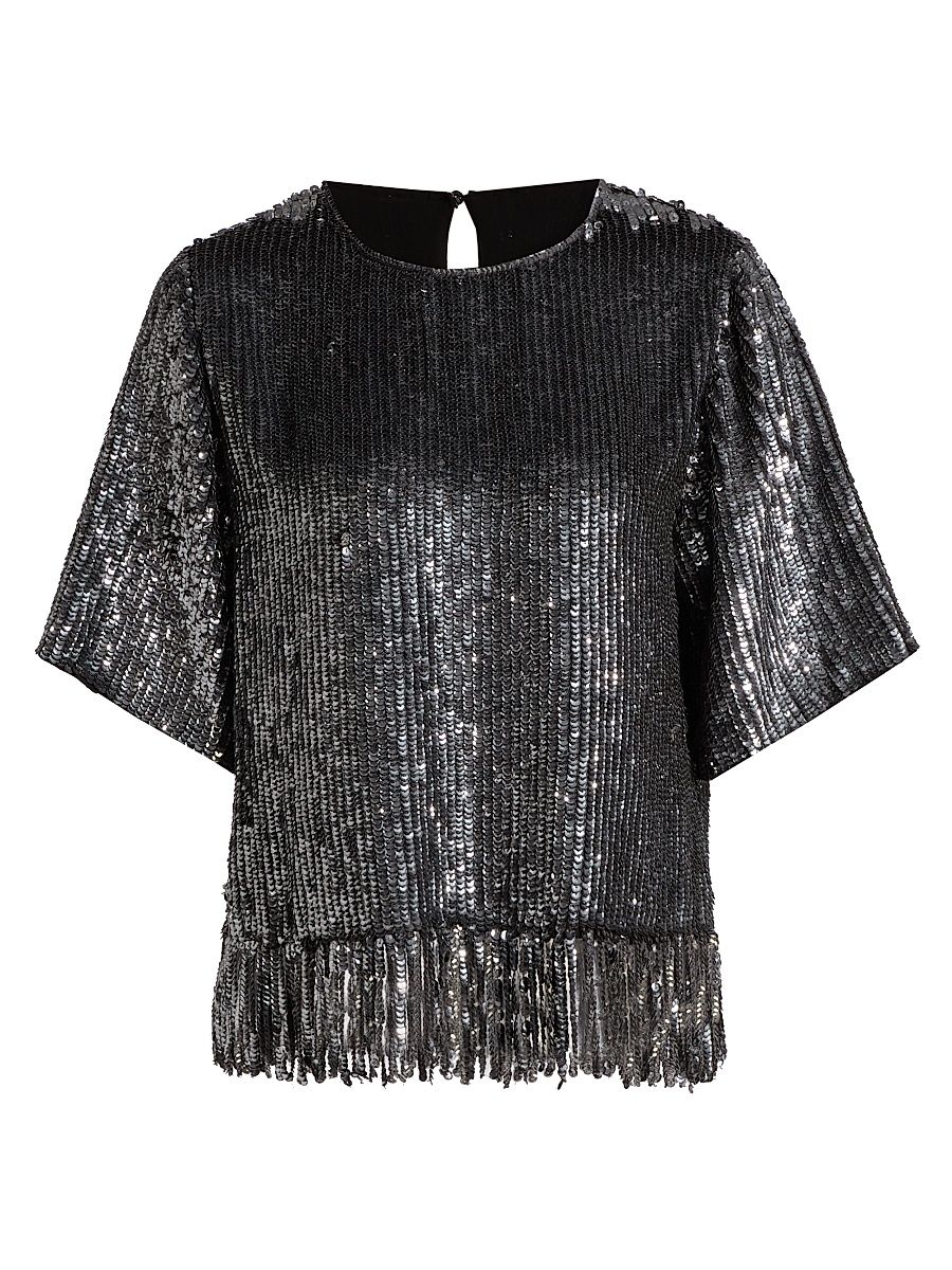 Women's Yona Sequined Fringed-Hem Blouse - Antique Silver - Size XXL